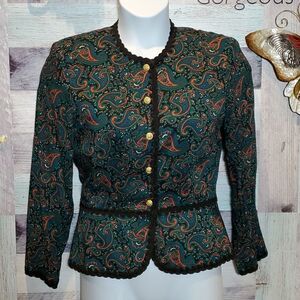 Vintage Patty O'Neil Dark Paisley Braid Trim Button Fancy Blouse Librarian Geek